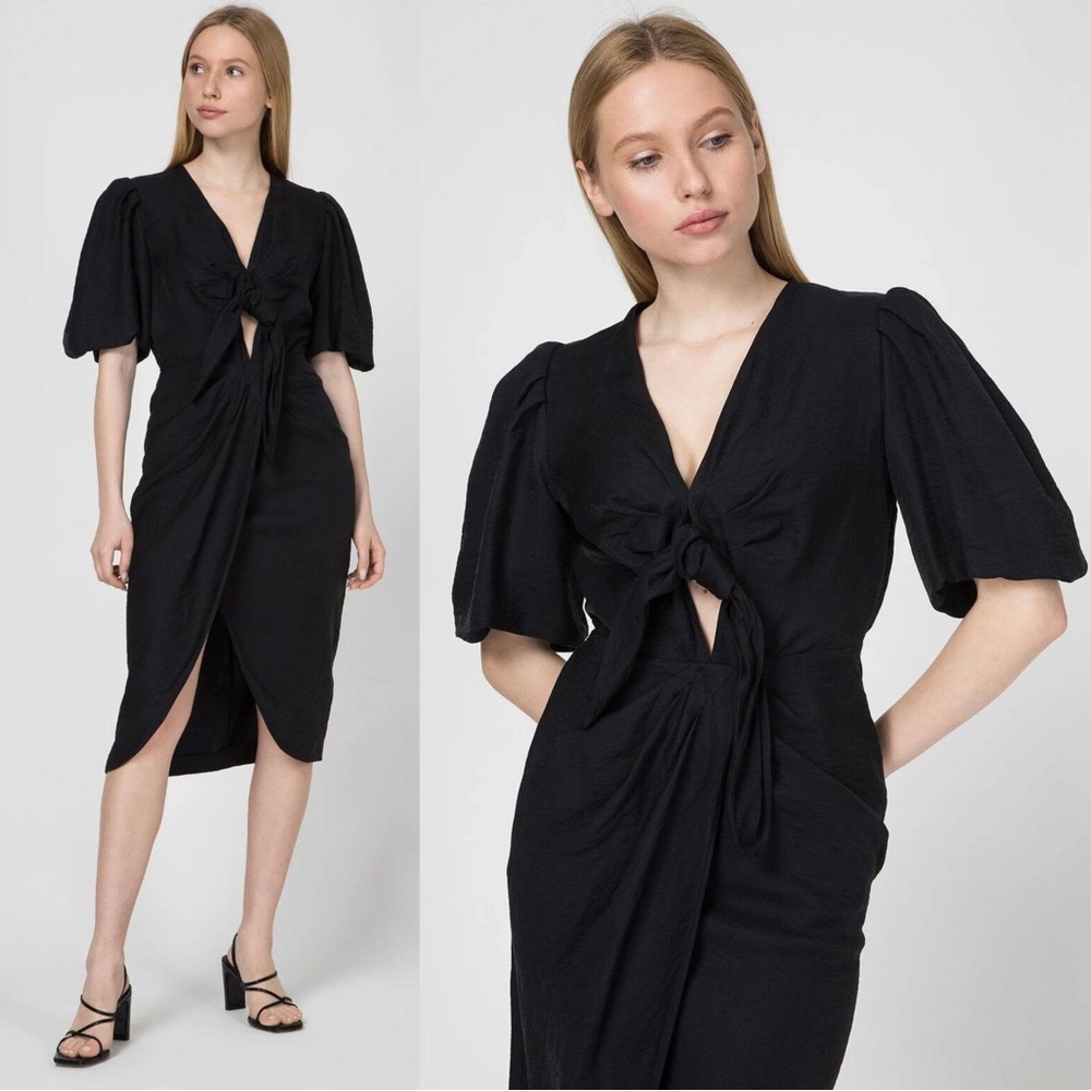 SANDRO Black Linen Tie Front Puff Sleeve Wrap Skirt Bloane Blum Midi Dress S - Picture 3 of 17